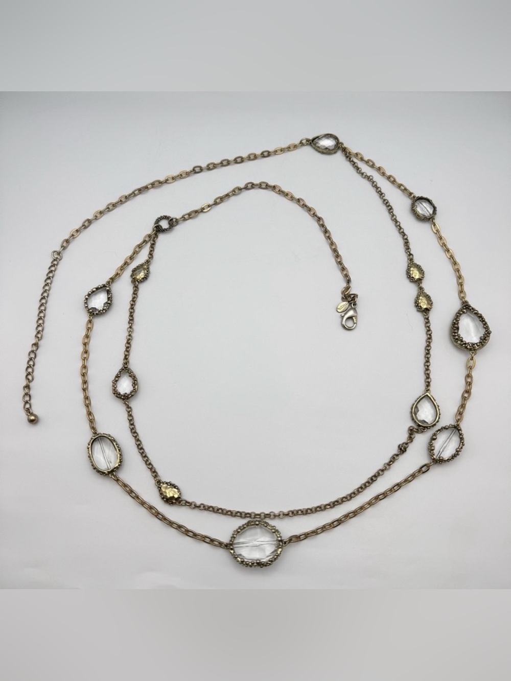 Chico’s Gold Tone Long Station Necklace Clear Glass Stones